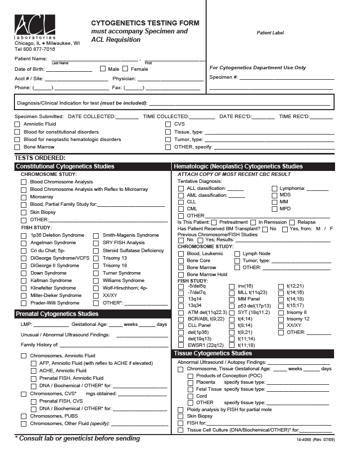 A_14-4068 FORM CYTOGENETICS TESTING ACL-Product Details
